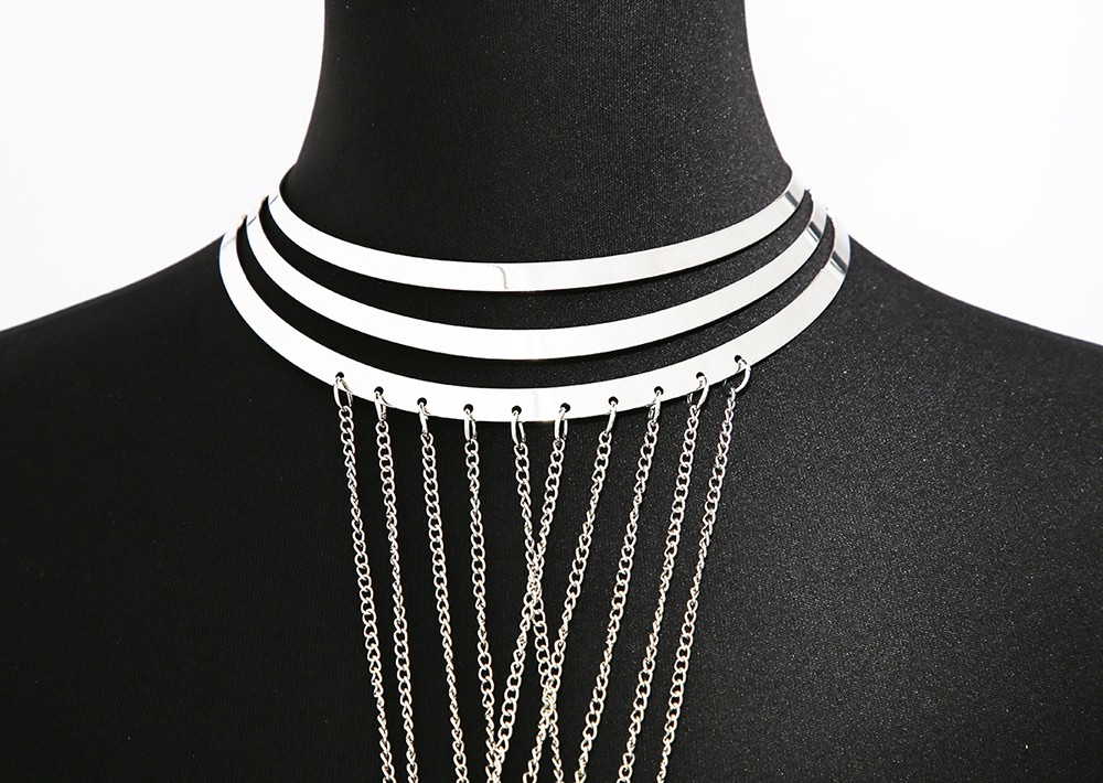 Sieraad Halsketting drie ringen met zilverkleurige lichaamkettingen - BCHA0012SIL - Afbeelding 5