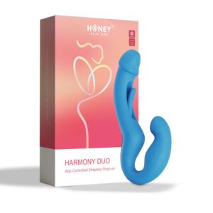 Harmony Duo Strap on vibrant met tikfunctie - Blauw
