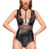 F183 Powerwetlook body met brede bandjes, inzetstukken van tule en fluwelen halter