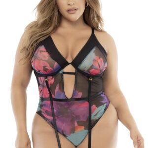 Zwarte body, grote maat, exotische bloemenprint - MAL8774XPRT