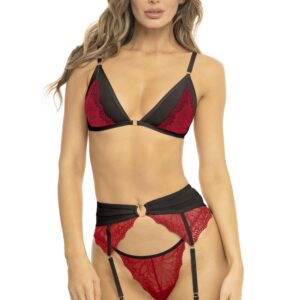 Rood 3-delig setje, bh, jarretelgordel en string - REN53037-RED