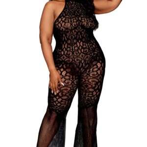 naadloze kanten bodystocking met gehaakte kant, grote maat, zwarte netstof - DG0468XBLK