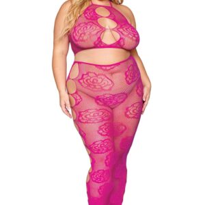 Set van roze netstof bh en lange rok, grote maat - DG0485XBEE