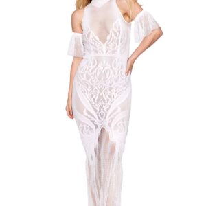 Bodystocking jurk van netstof en witte kant - DG0490WHT