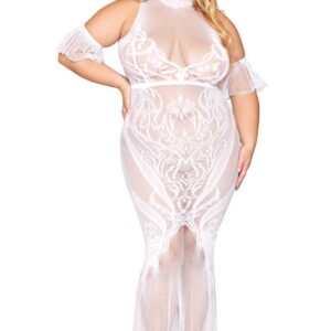 Bodystocking jurk, grote maat, van netstof en wit kant - DG0490XWHT