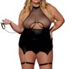 Zwart BDSM-body, grote maat, van mesh met korset / jarretelgordel, imitatieleer, geïntegreerd - DG13295XBLK