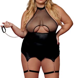 Zwart BDSM-body, grote maat, van mesh met korset / jarretelgordel, imitatieleer, geïntegreerd - DG13295XBLK