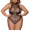 Netstof body, grote maat, met kunstleren harnas en kettingen - DG13291XBLK