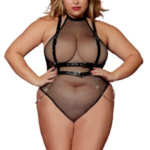 Netstof body, grote maat, met kunstleren harnas en kettingen - DG13291XBLK