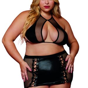 Grote maat bh en jarretelrok van netstof en imitatieleer - DG13290XBLK