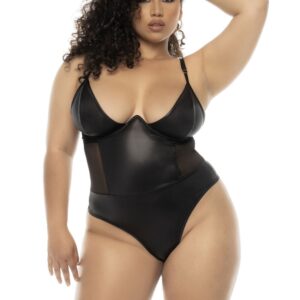 Bodystring Bibi grote maat in zwart wetlook met beugels, verstelbare bandjes - MAL2752XWBLK