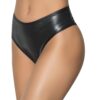 Zwarte wetlook string met brede band, hoge taille, gerimpeld stof aan de achterkant - MAL3038WBLK