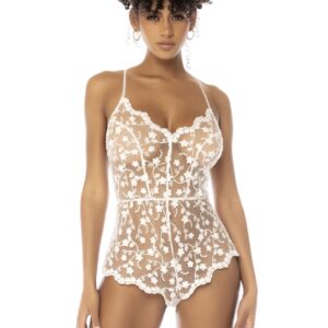 Witte transparante body Celina met geborduurde bloemenkant, verstelbare bandjes - MAL7543STWT