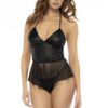 Babydoll-effect body Pearl in zwarte wetlook en netstof, verstelbare bandjes, functionele rits aan de achterkant - MAL7547WBLK