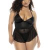 Body babydoll-effect Pearl grote maat in zwarte wetlook en netstof, verstelbare bandjes, functionele rits aan de achterkant - MAL7547XWBLK