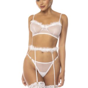 Wit Emmie 3-delig setje, beha, jarretelgordel met imitatiebont en bijpassende string - MAL8841WHT