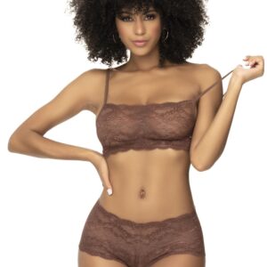 Tweedelige set van kant, top met bandjes en shorty in cacaokleur - MAL206COCO