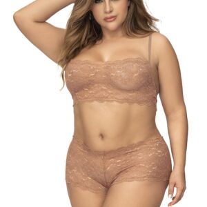 Tweedelig set van grote maat kant, top met bandjes en shorty in taupe kleur - MAL206XTAUP