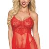 Rode netstof en bloemenkant negligé, bijpassende string - DG13524RED