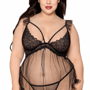 Zwarte babydoll in grote maat en bijpassende string - DG13694XBLK