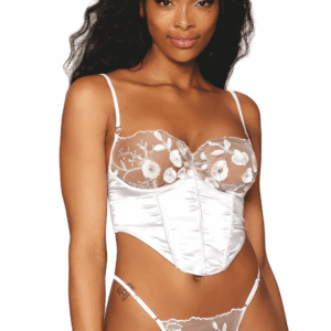 Witte bustier met beugels, van satijn en bloemenkant - DG13262WHT