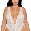 Tweedelig set grote maat, witte kanten body en lichaamskettingen met witte parels - DG13697XWHT