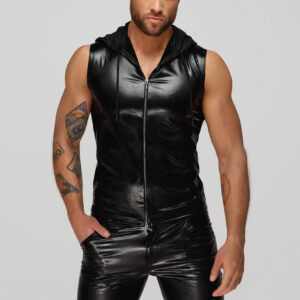 H066 Mouwloze top met ritssluiting en transparante capuchon, slangenlook