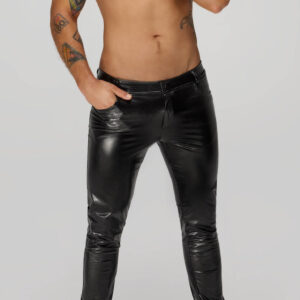 H067 Lange broek in slangen wetlook met achterzakken