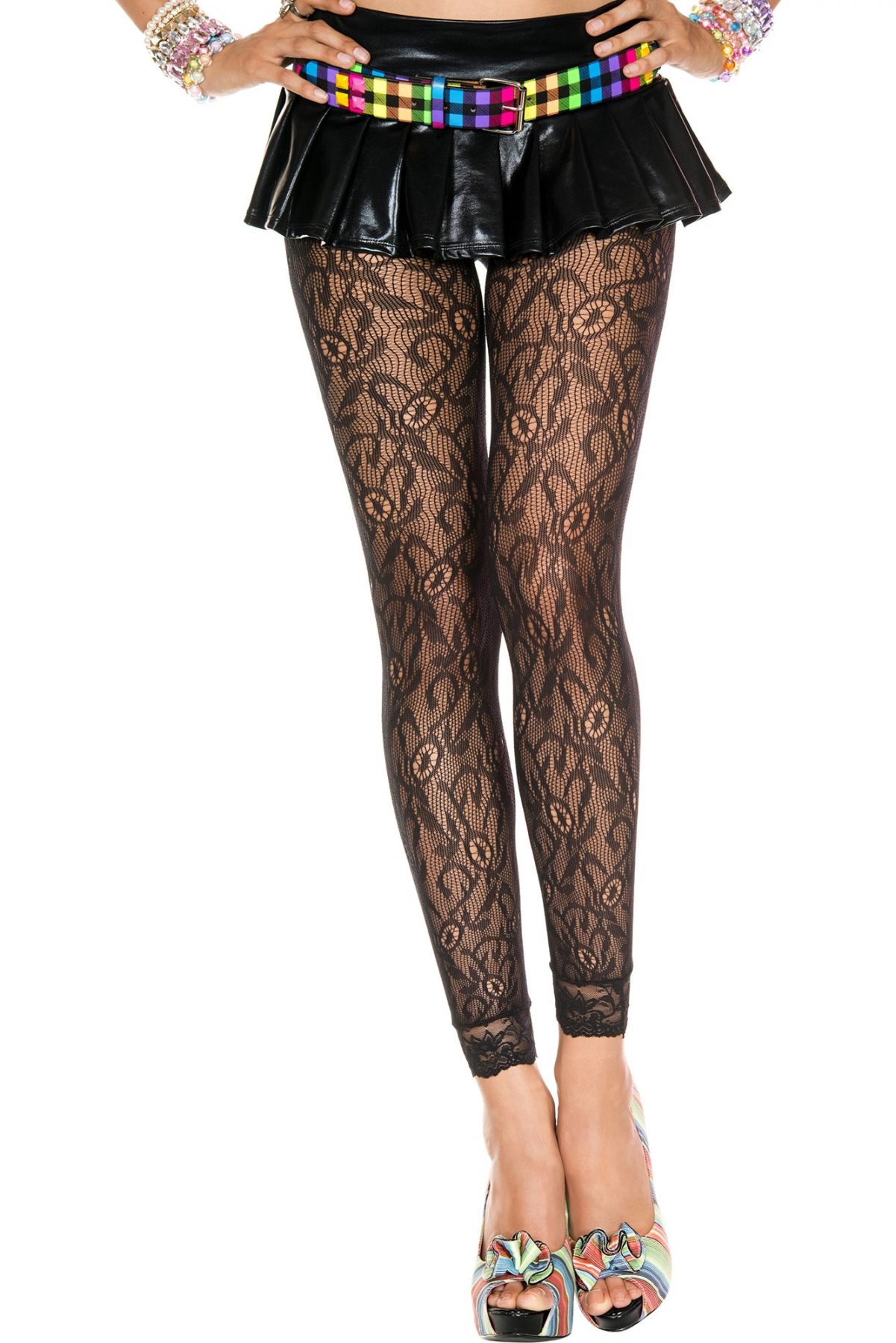 Fijne zwarte legging met netstof en kanten bloemenmotief - MH35029BLK - Afbeelding 2
